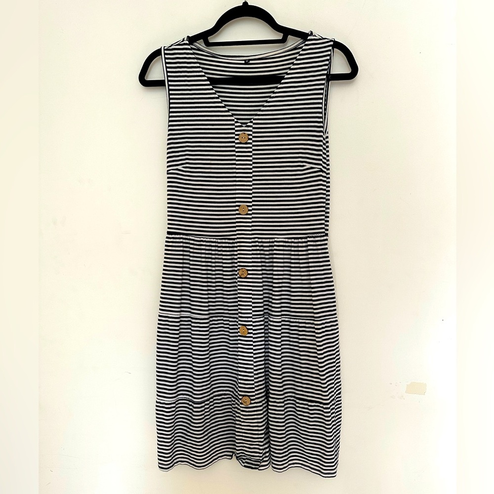 Navy and white striped nautical tank dress with wood buttons. Medium.